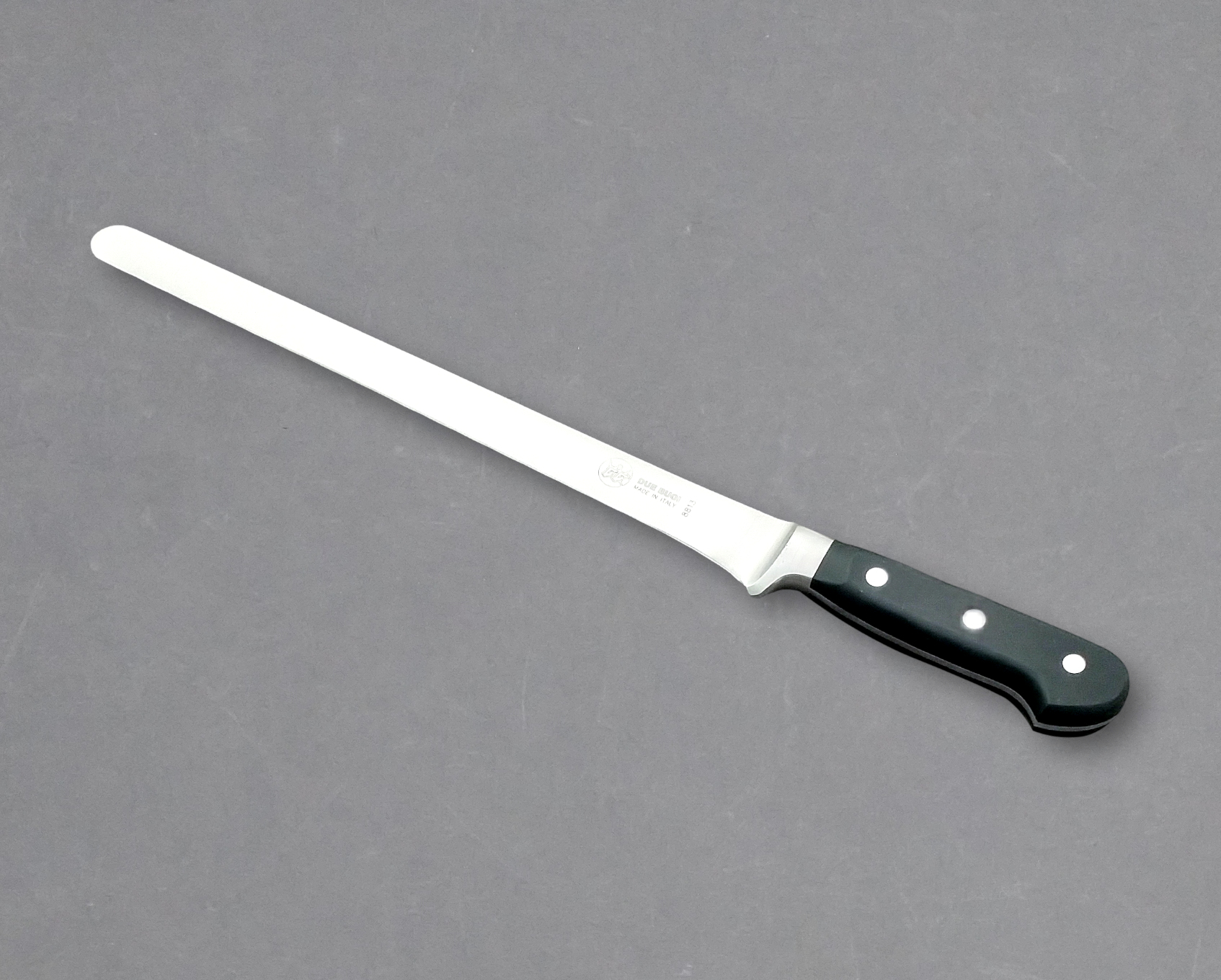 Forged Prosciutto Knife, black technical polymer handled, long and thin  blade, 280 mm per 26 mm is the choice for those who want to thinly slice  ham with precision - DUE BUOI Knives