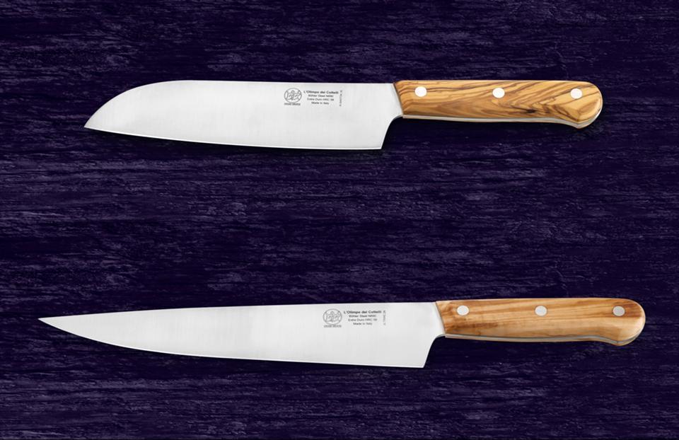 OLIMPO SET: SANTOKU KNIFE AND CHEF KNIFE - N690 STAINLESS STEEL - HRC 58 - OLIVE WOOD HANDLE