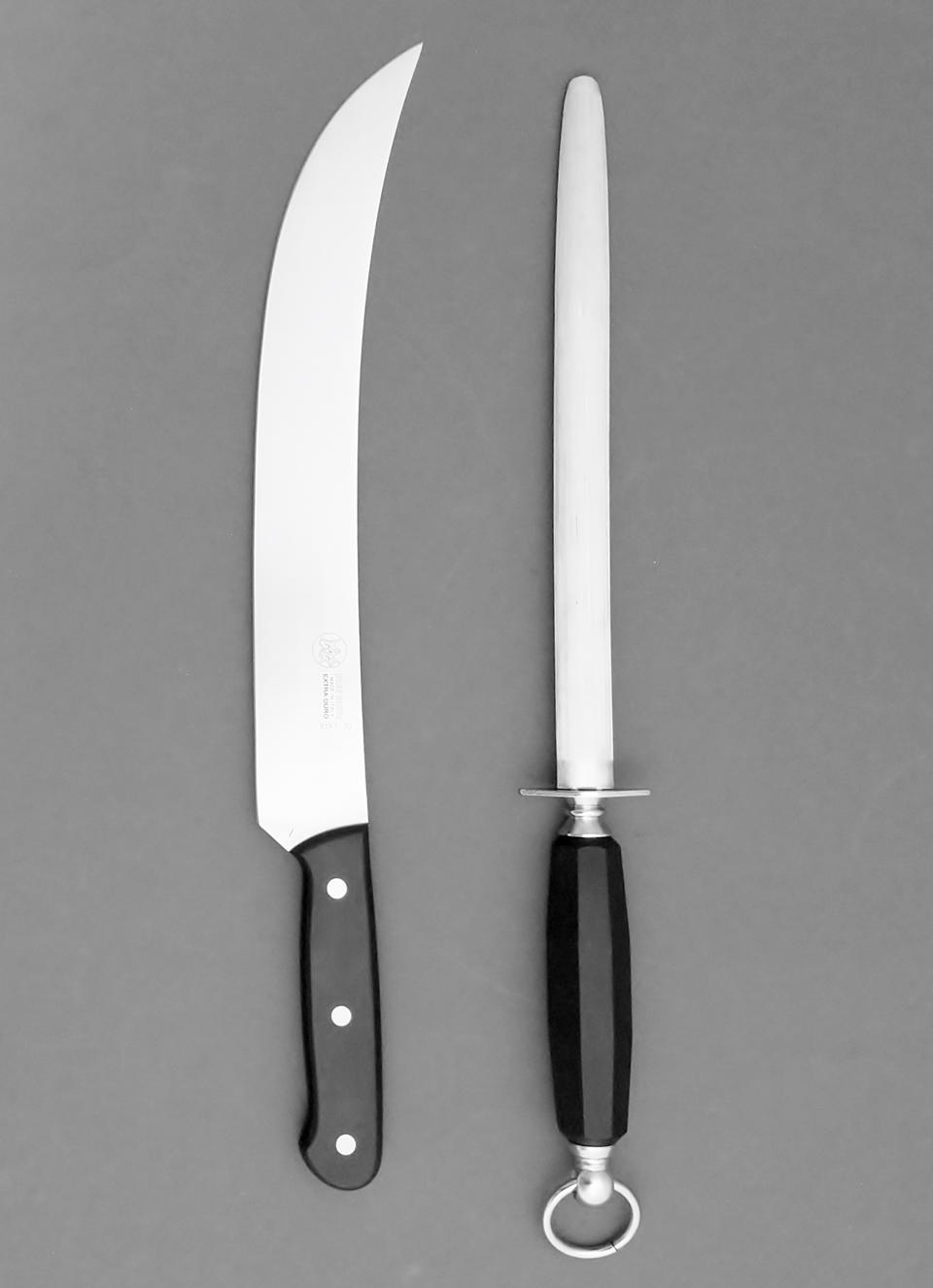 CURVED SABER KNIFE 12" LONG BLADE - BLACK FULL TANG POLYMER HANDLE + OVAL SHARPENING STEEL